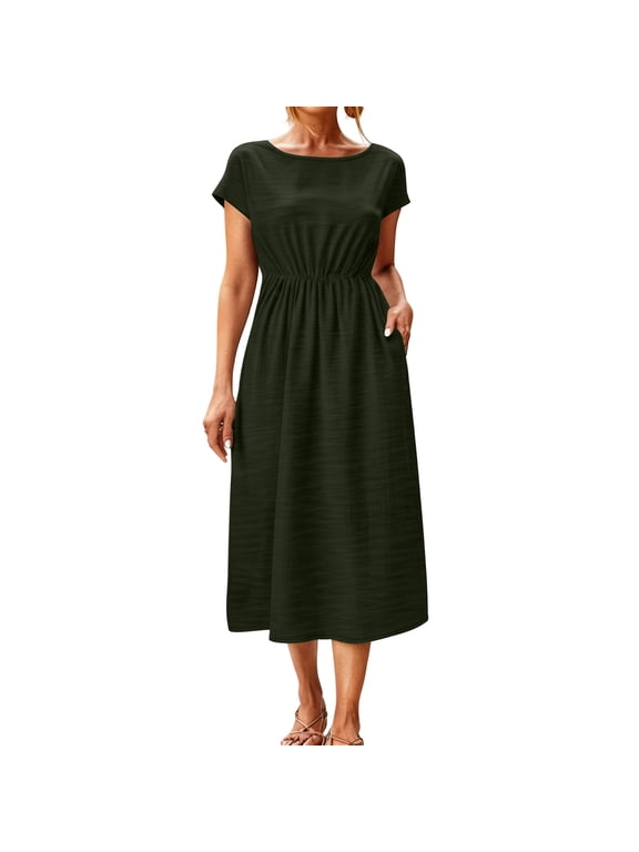 Womens Summer Midi Dress Casual Short Sleeve A-Line Cotton T-shirt Dress Flowly Beach Tunic Sundresses with Pockets Army Green M