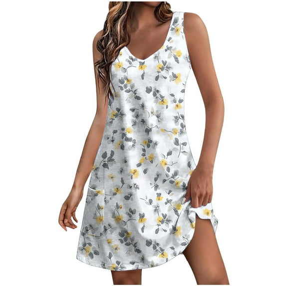 Womens Summer Mini Dress Sleeveless Floral Boho Sundress Swimsuit Coverup Casual Loose Beach Vacation Tank Dresses with Pockets