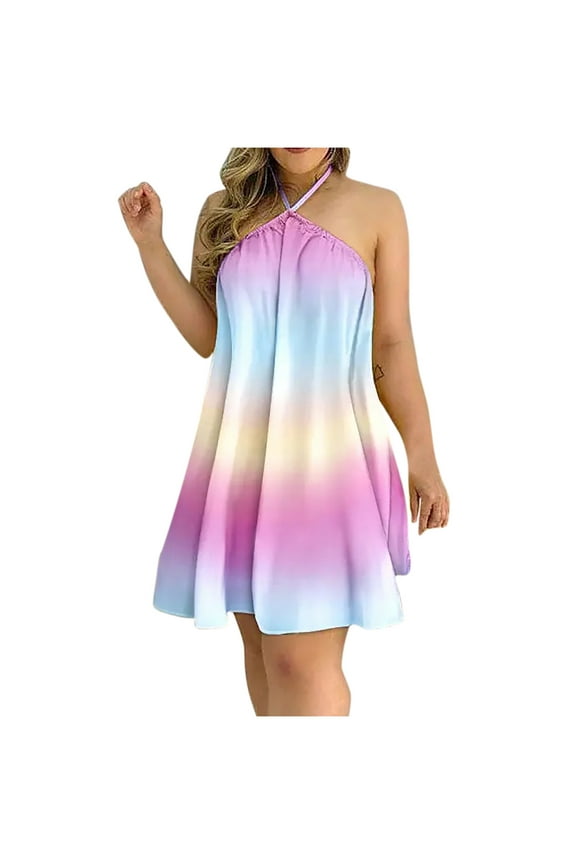 Womens Summer Neck Bandage Backless Mini Dress Casual Loose Boho Printing Beach Dress Flowy Short Sundresses