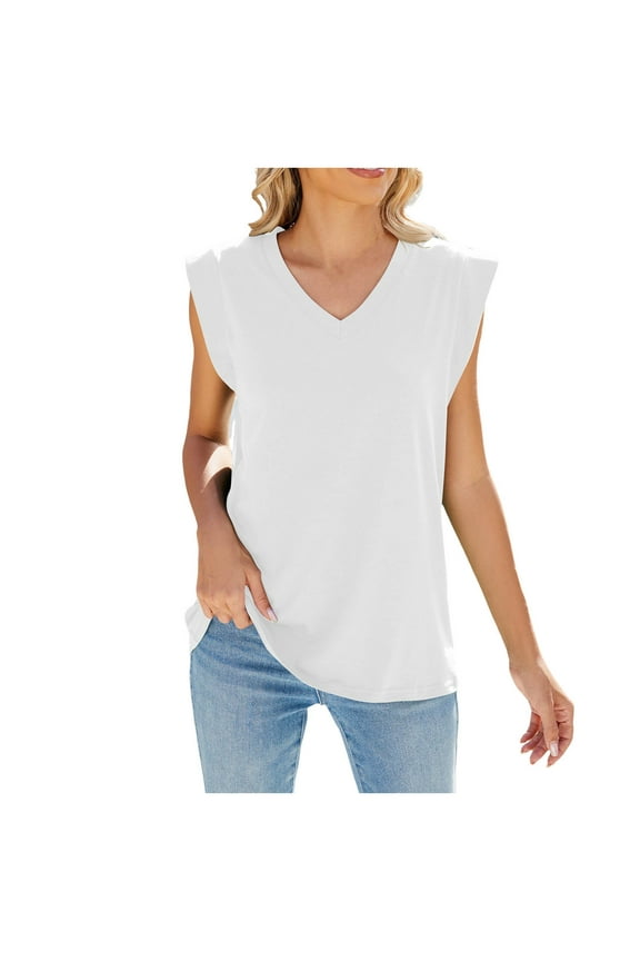 Womens Summer New Solid Color V Neck Cap Shoulder Sleeve Loose Sleeveless T Shirt Vest