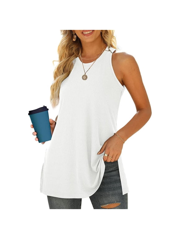 Womens Summer O Neck Sleeveless Tops Tunic Shirts Side Split Tank Tops Athletic Women Tops Shirt Women Dressy Cam Long Top Women Long Camisole Women Long Tops Lace up Top Women Biking Top Women Womens