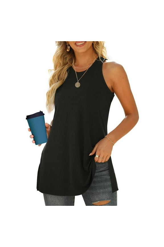 Womens Summer O Neck Sleeveless Tops Tunic Shirts Side Split Tank Tops Athletic Women Tops Shirt Women Dressy Cam Long Top Women Long Camisole Women Long Tops Lace up Top Women Biking Top Women Womens