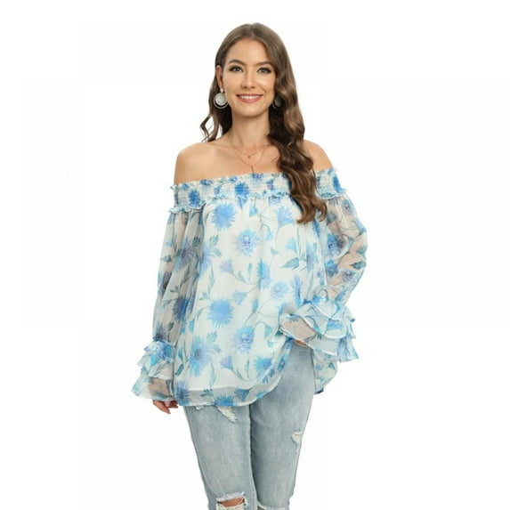 Womens Summer Off Shoulder Blouse Floral Print Long Sleeve Casual Chiffon Tops Shirts S-XXL