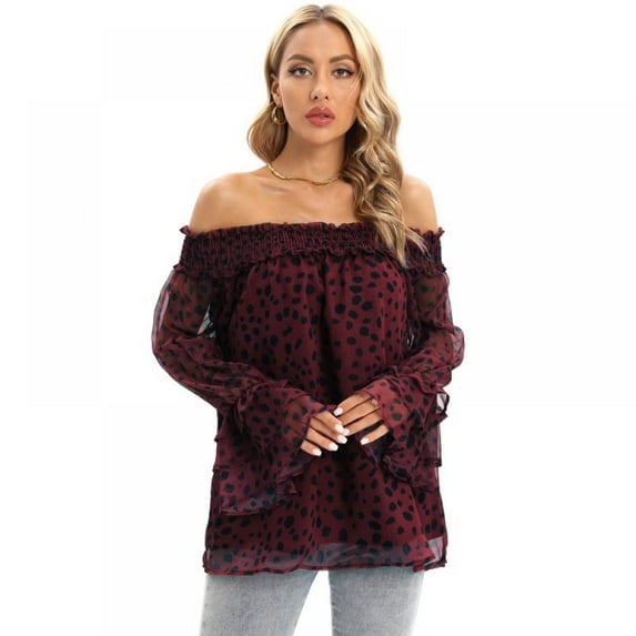 Womens Summer Off Shoulder Blouse Floral Print Long Sleeve Casual Chiffon Tops Shirts S-XXL