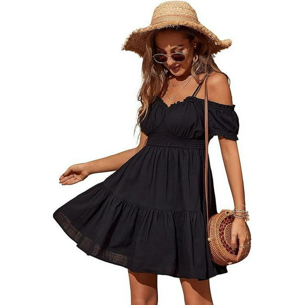 Womens Summer Off Shoulder Mini Dress Spaghetti Strap Ruffle Puff