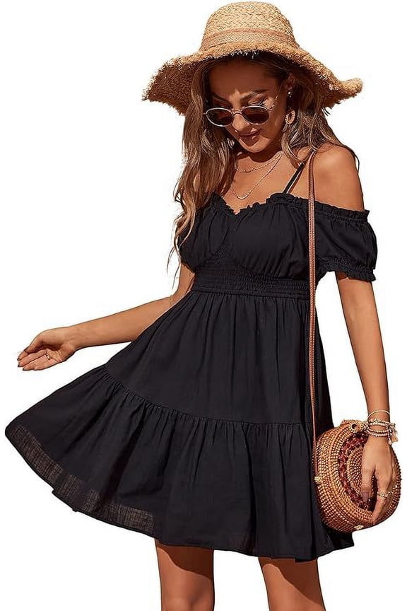 Womens Summer Off Shoulder Mini Dress Spaghetti Strap Ruffle Puff Sleeve Smocked Cotton Linen Dress with Pockets, Black, XL