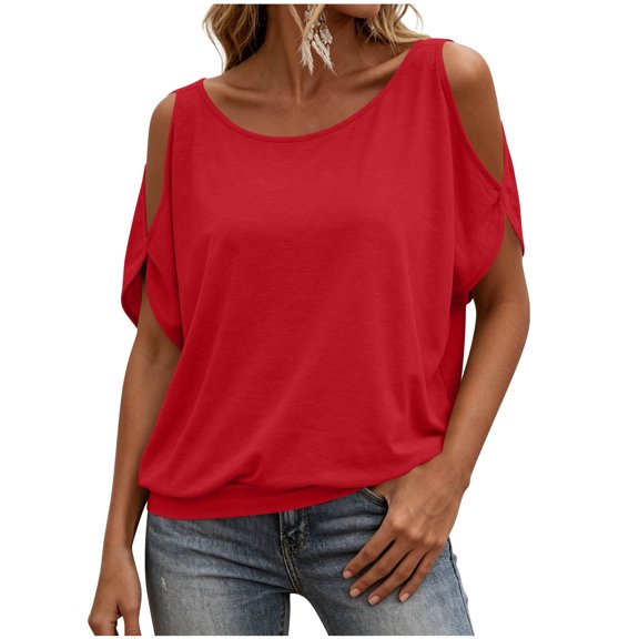 Womens Summer Off Shoulder Tops, Short Sleeve Shirts for Women Plus Size Casual Crewneck Dressy Blouses Mothers Gifts