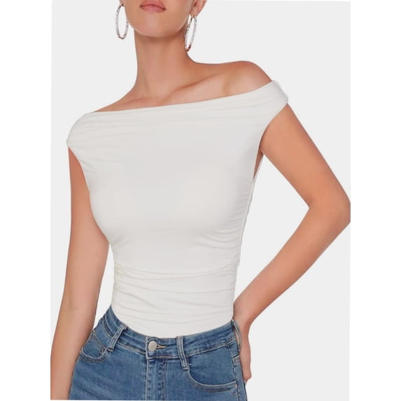 Womens Summer Off The Shoulder Crop Tops Sleeveless One Shoulder Ruched Asymmetrical Going Out Tank Top