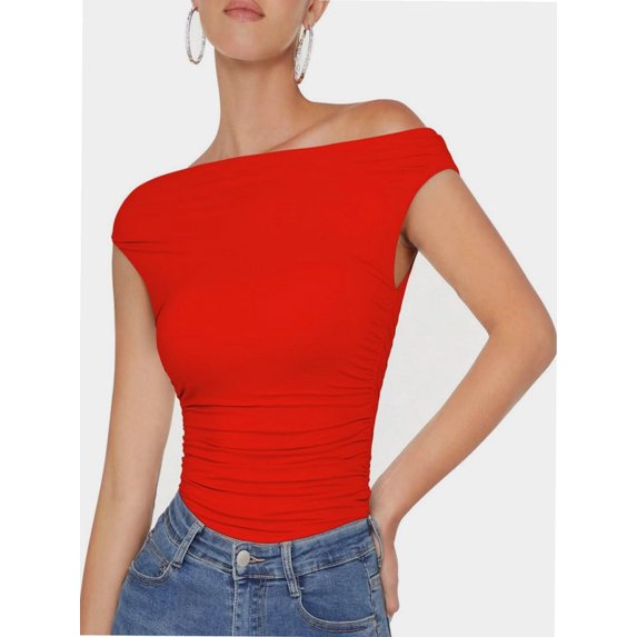 Womens Summer Off The Shoulder Crop Tops Sleeveless One Shoulder Ruched Asymmetrical Going Out Tank Top