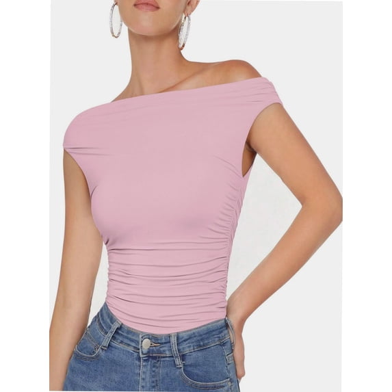 Womens Summer Off The Shoulder Crop Tops Sleeveless One Shoulder Ruched Asymmetrical Going Out Tank Top