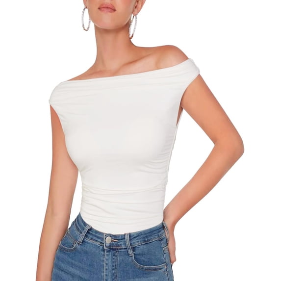 Womens Summer Off The Shoulder Crop Tops Sleeveless One Shoulder Ruched Asymmetrical Going Out Tank Top