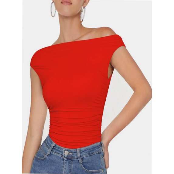 Womens Summer Off The Shoulder Crop Tops Sleeveless One Shoulder Ruched Asymmetrical Going Out Tank Top