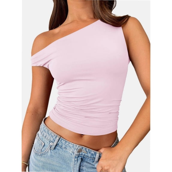 Womens Summer Off The Shoulder Sleeveless One Shoulder Ruched Asymmetrical Going Out Tank Crop Tops Shirts