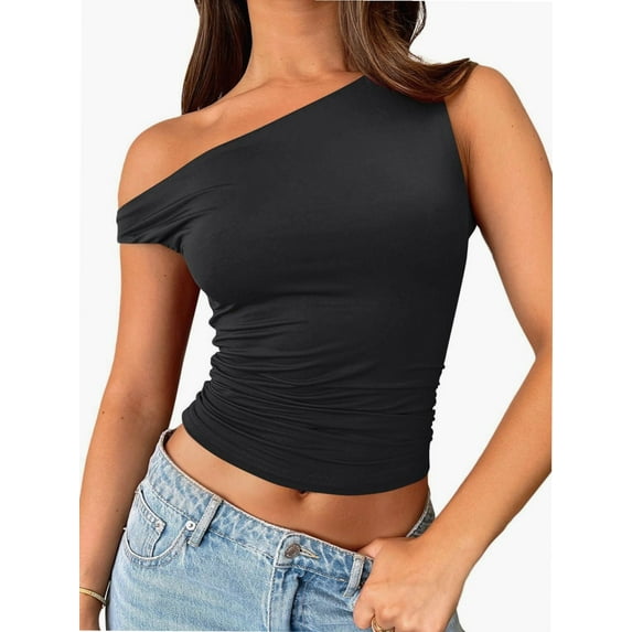 Womens Summer Off The Shoulder Sleeveless One Shoulder Ruched Asymmetrical Going Out Tank Crop Tops Shirts