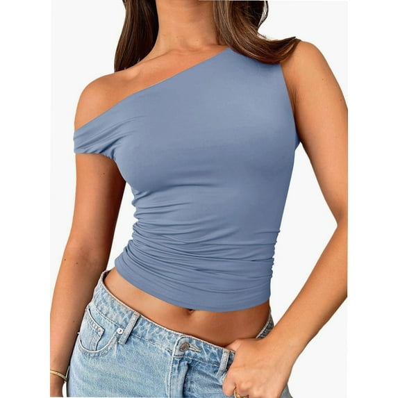 Womens Summer Off The Shoulder Sleeveless One Shoulder Ruched Asymmetrical Going Out Tank Crop Tops Shirts