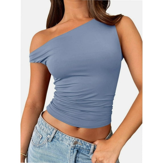 Womens Summer Off The Shoulder Sleeveless One Shoulder Ruched Asymmetrical Going Out Tank Crop Tops Shirts