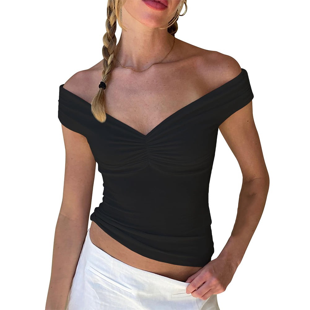 black v neck off the shoulder top