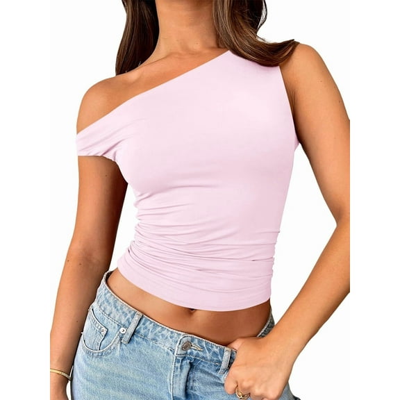 Womens Summer Off the Shoulder Tops Going Out T Shirts Crop Tank Top Fashion Clothes Spring Outfits 2025 Light Pink S