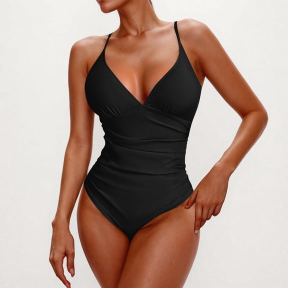 Womens Summer One-Piece Swimsuit Solid Color Piece Suspender Bikini Black Swim Sear∣M