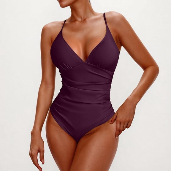 Womens Summer One Piece Swimsuits Sleeveless Solid Push-Up Padded Beachwear Wine Swimming Suits∣2XL