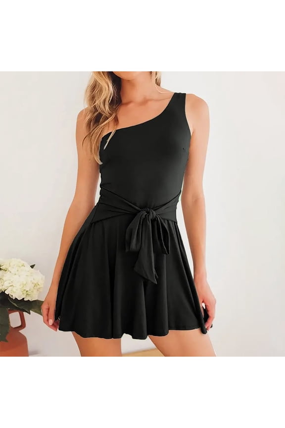 Womens Summer One Shoulder Rompers Sleeveless Front Tie Bowknot Loose Solid Color Wide Leg Short Rompers Jumpsuit