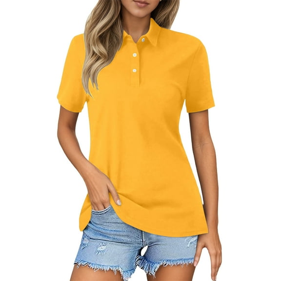 Womens Summer Outfits Comtable Solid Lapel Button Short Sleeve Relaxed Fit Pairing With Jean Womens Athletic Tops,Yellow,6XL
