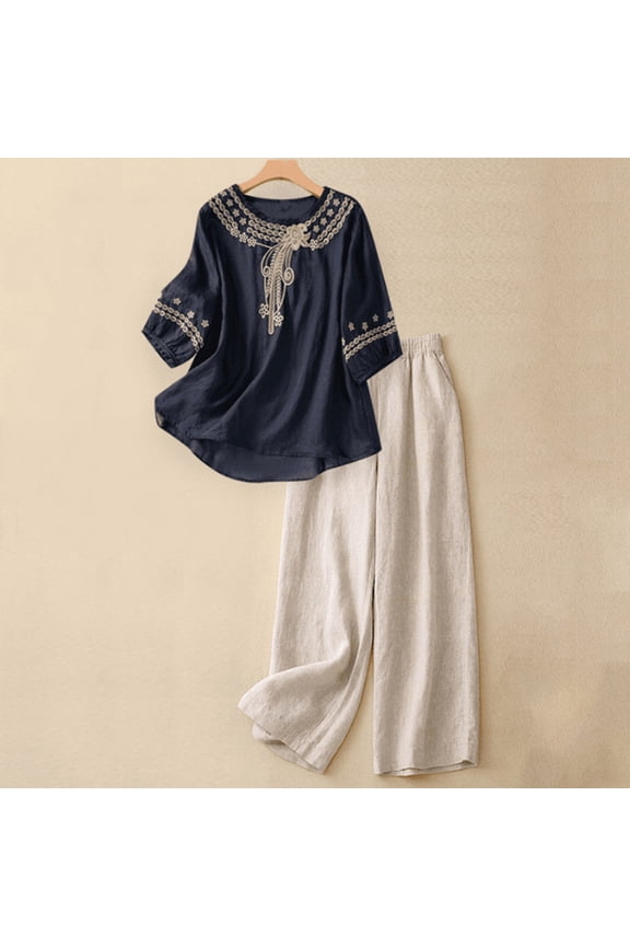 Womens Summer Outfits Cotton Linen 2 Piece Sets Short Sleeve Loose T Shirt Ruffled Wide Leg Capri Pants Suit Black 2XL