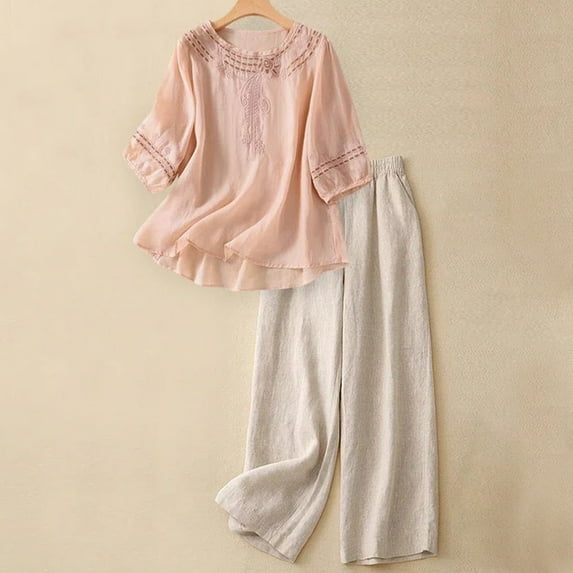 Womens Summer Outfits Cotton Linen 2 Piece Sets Short Sleeve Loose T Shirt Ruffled Wide Leg Capri Pants Suit Pink 2XL