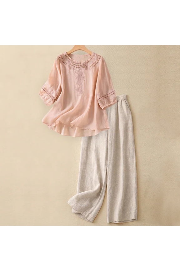 Womens Summer Outfits Cotton Linen 2 Piece Sets Short Sleeve Loose T Shirt Ruffled Wide Leg Capri Pants Suit Pink M
