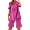 thumbnail image 1 of Womens Summer Outfits Cotton Linen Short Sleeve Button Down Shirt with Bermuda Shorts 2 Piece Lounge Set with Pockets Pink S, 1 of 6