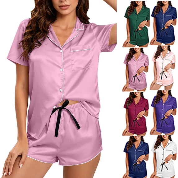 Pajamas for Women Set Dqueduo Women's Spring & Summer Solid Color Turn-Down Collar Button Short Sleeve Pajama Set – Satin Loungewear with Bow Shorts