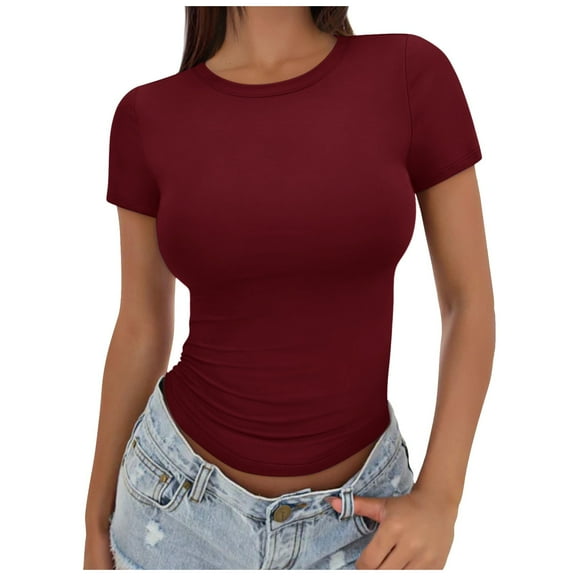 Womens Summer Outfits Loose Solid Color Round Neck Short Sleeve Womens Athletic Tops
