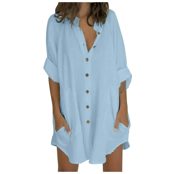 Womens Summer Outfits, Shirts for Women, Trendy Women's Casual Shirt with Lapel Design Stylish Button-Up Comfortable Three Quarter Sleeves and Functional Double Pockets