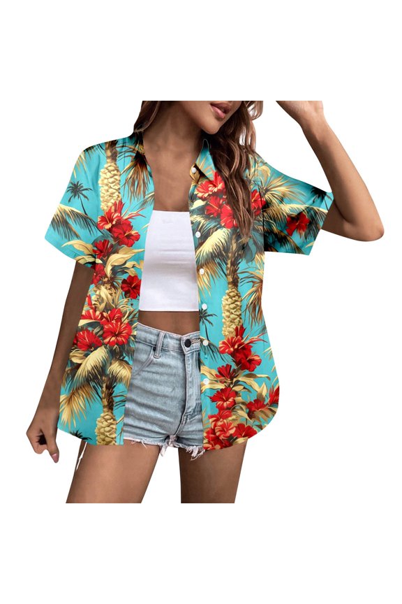 Womens Summer Outfits, Shirts for Women, Stylish Women's Casual Holiday Coconut Tree Print Short Sleeve Blouse for Everyday Wear and Travel