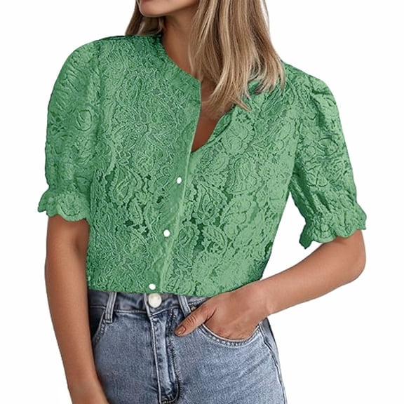 Womens Summer Outfits, Shirts for Women, Stylish Women's Lace Blouse Round Neck Long Sleeve Fashion Shirt for Casual and Wear