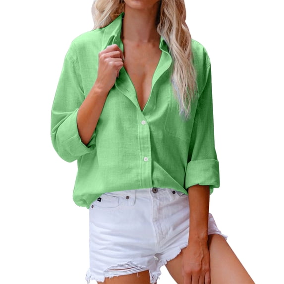 Womens Summer Outfits, Shirts for Women, Trendy Women’s Long Sleeve Pocket Button Blouse Casual Shirt for Everyday Wear Fashionable Tops