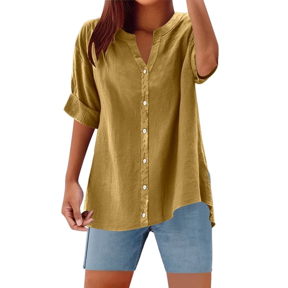 Womens Summer Outfits, Tops for Women Trendy, Stylish Women Shirts Elegant V Neck Tops Button Down Fashionable Blouses Casual Wear Summer Lightweight Long Sleeve