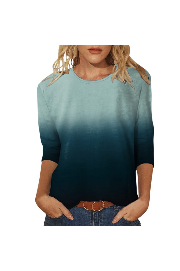 Womens Summer Outfits, Tops for Women Trendy, Women's Summer Print O Neck Tops Stylish Three-Quarter Sleeve Blouse Loose Side Split Floral Tunic for Casual Wear