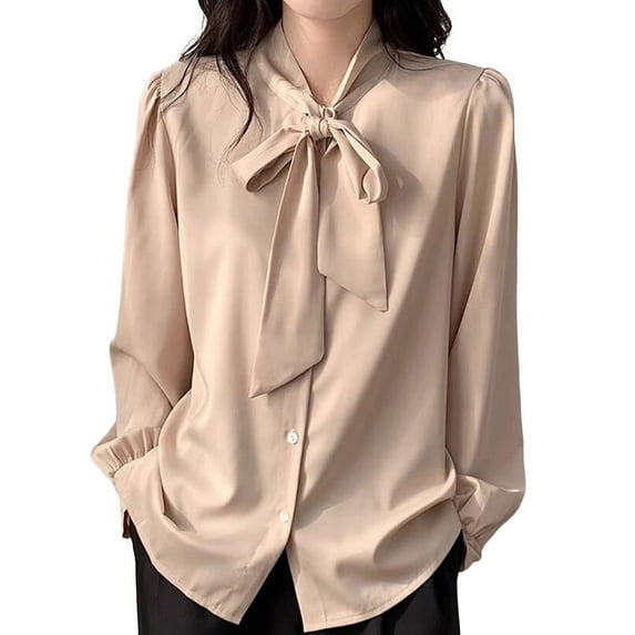 Womens Summer Outfits, Tops for Women Trendy, Elegant Women's Blouse Satin Silk Button Down Long Sleeve Casual Work Shirt for and Everyday Wear