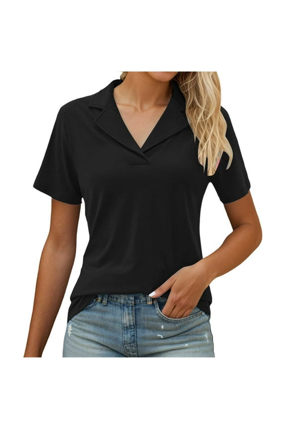 Womens Summer Outfits V Neck Short Sleeve Comfortable Pure Color Basic Beach Vacation Clothes For Women,Black,L