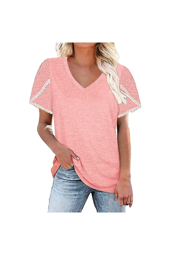 Womens Summer Outfits, Women Blouses, Casual Women's Tops Short Sleeve Lace Petal Loose Crewneck T-Shirt for Everyday Wear