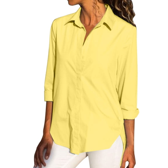 Womens Summer Outfits, Women Blouses, Stylish Ladies Solid Long Sleeve Shirt with Button Front and Split Side Design for Spring and Autumn Wear