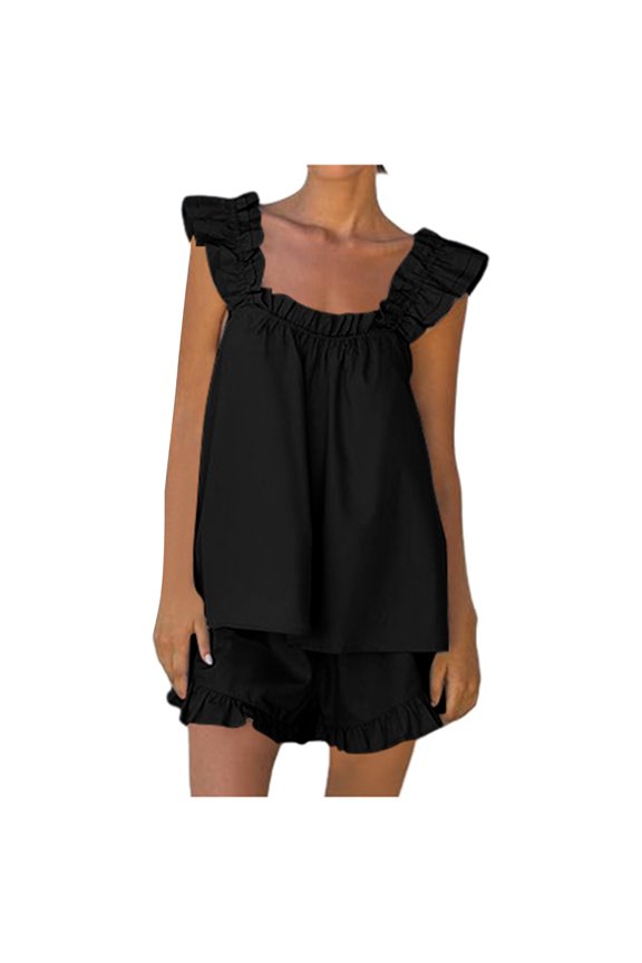Womens Summer Outfits Women's Pajama Sets 2 Piece Outfits Sleeveless Sleepwear Ruffle Crop Top And Casual Shorts Loungewear Outfit Maternity Swim Wear Sexy Swimwear Women Metallic Bathing Suit Black S