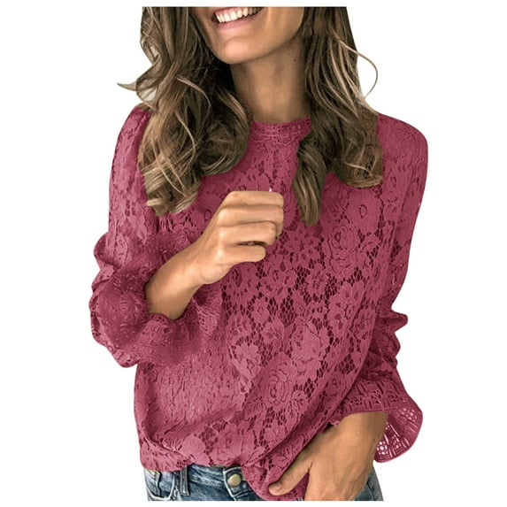 Womens Summer Outfits, Womens Shirts, Elegant Hollow Lace Women Shirts Fashionable Blouses with Long Flare Sleeves Stylish O-Neck Design for Modern Women