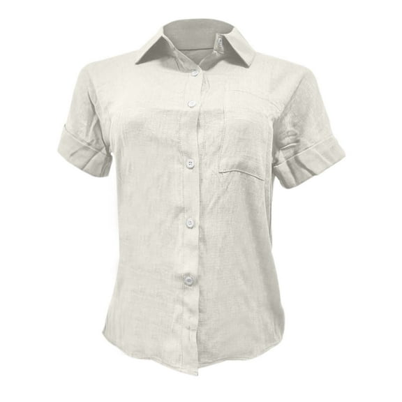Womens Summer Outfits, Womens Shirts, Stylish Women's Casual Linen Blouse Short Sleeve Shirt With Pockets Versatile Button Up T-Shirt Dress For Everyday Wear