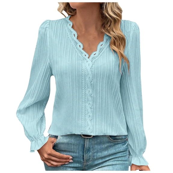 Womens Summer Outfits, Womens Tops, Stylish Women's V Neck Lace Patchwork Puff Sleeve Shirt for Elegant Casual Look
