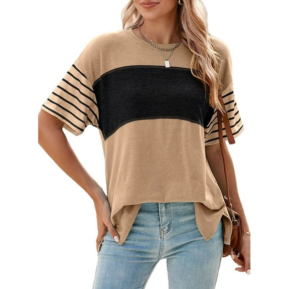 Womens Summer Oversized 2025 Crewneck Casual Color Block Striped Shirts Blouses Khaki XXL