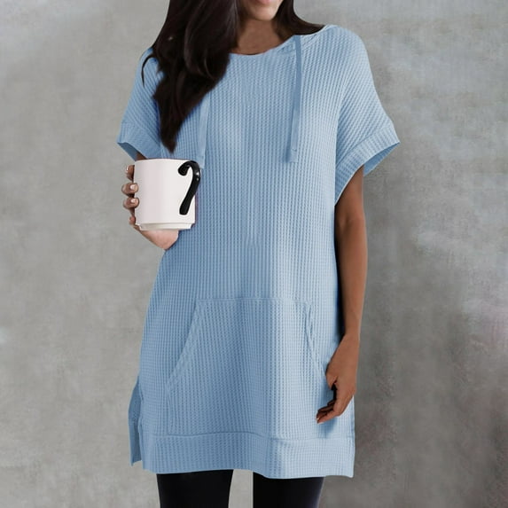 Womens Summer Oversized Shirts 2024 Short Sleeve Drawstring Hoodies Knit Side Slit Tunic Tops With Pocket Women Loose Tops Summer Long Sleeve Shirts Tall Women Shirts Long Sleeve Womens Thick Long