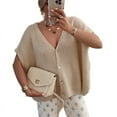 thumbnail image 1 of Womens Summer Oversized Short Sleeve Button V Neck Casual Knit Sweater Tops Khaki S, 1 of 8