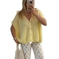 thumbnail image 1 of Womens Summer Oversized Short Sleeve Button V Neck Casual Knit Sweater Tops Yellow S, 1 of 8